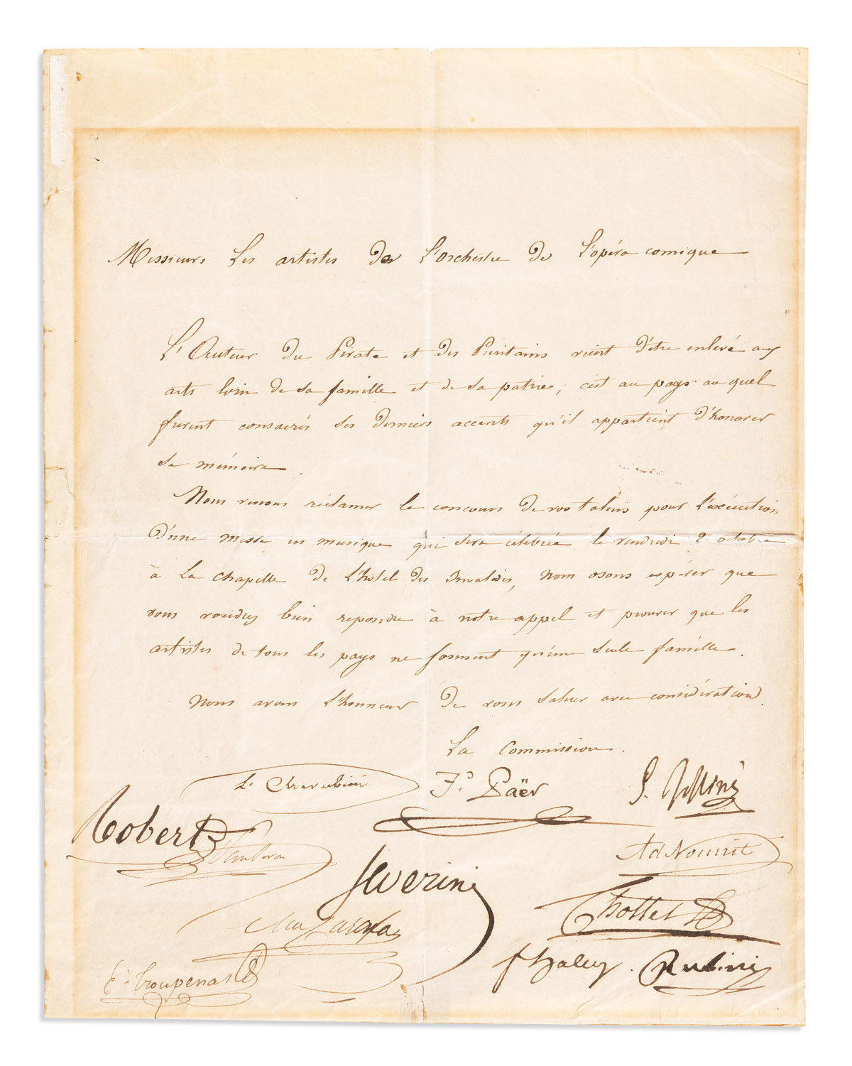 (MUSICIANS--19TH CENTURY.) Letter Signed by the committee organizing the performance of a funeral mass for Vincenzo Bellini, to the art